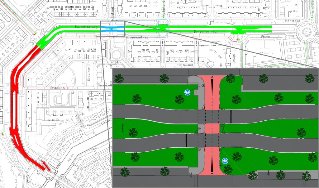 Geo-kaart met een tweerichtingenfietspad van rood gekleurd asfalt aan de Bovenmaatweg ter hoogte van Schieland en Droogdok.